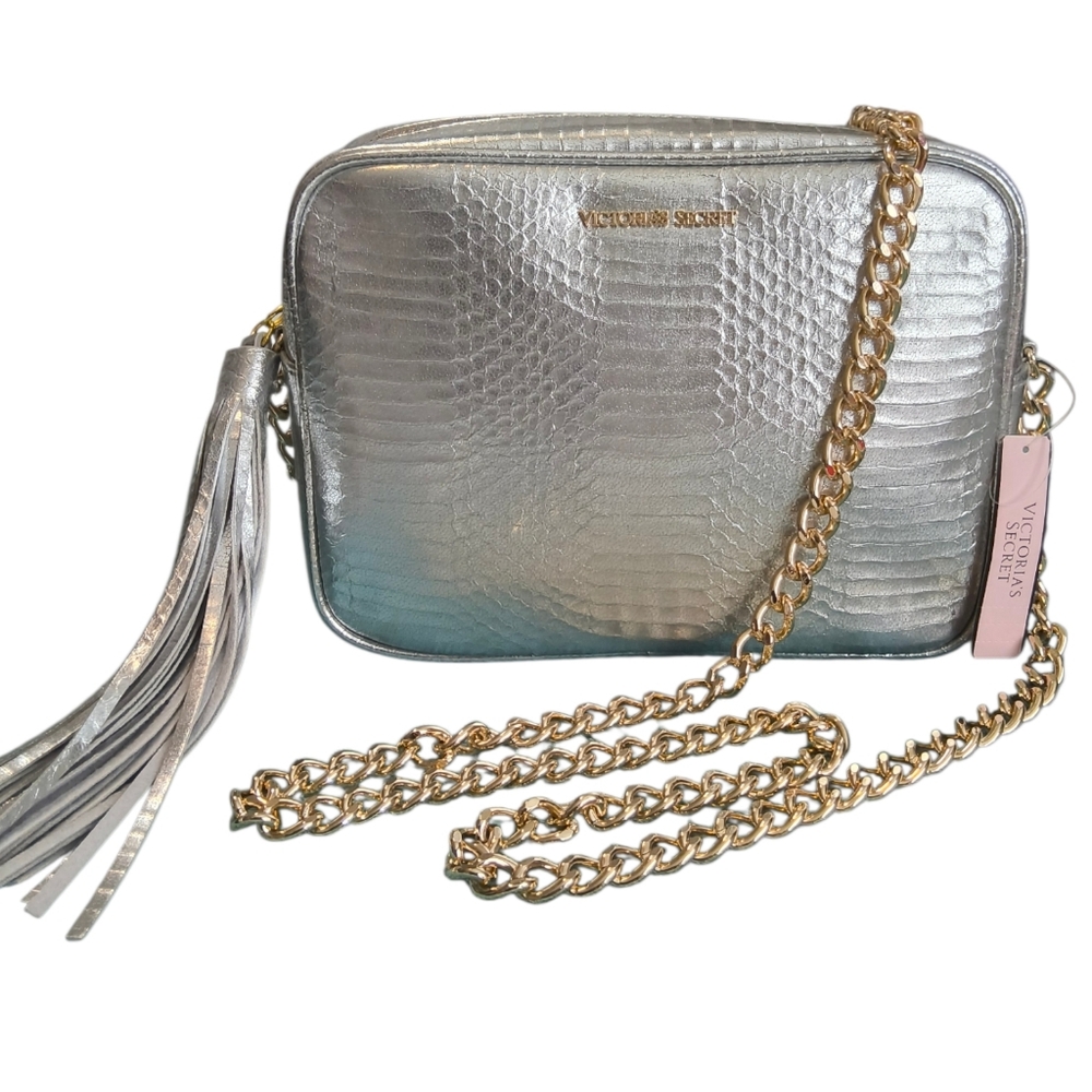 Victoria's Secret Silver and Gold Crossbody Bag with Tassel and Gold Tone Chain